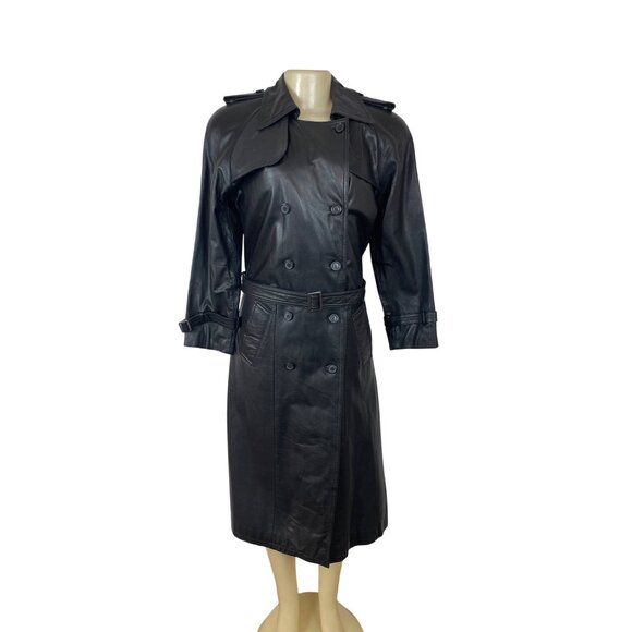 Georgetown Leather Design Black Leather Double-Breasted Trench Coat Size 4 - Picture 1 of 14